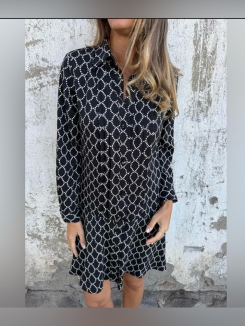 Zara Black White Geometric Print Shirt Dress Button Front Long Sleeve Size S